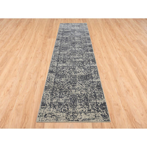 2'7"x12'2" Hand Loomed Gray Fine Jacquard with Erased Design Wool and Plant Based Silk Oriental Runner Rug FWR381090