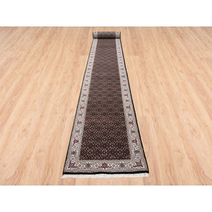 2'5"x20' Rich Black Herati With All Over Design Luxurious Wool 175 KPSI Hand Knotted Oriental XL Runner Rug FWR381180
