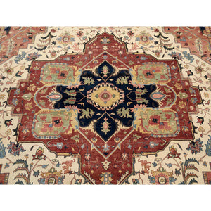 12'x15'4" Hand Knotted Beige Antiqued Heriz Re-Creation with Large Medallion Design Soft Pliable Wool Oriental Oversized Rug FWR381348