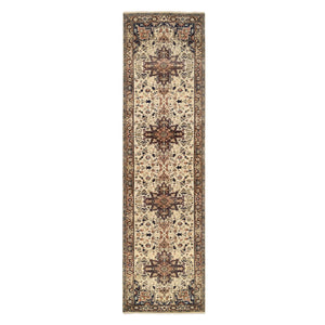 2'7"x10'3" Beige Antiqued Heriz Re-Creation with Geometric Medallions Extra Soft Wool Hand Knotted Oriental Runner Rug FWR381528