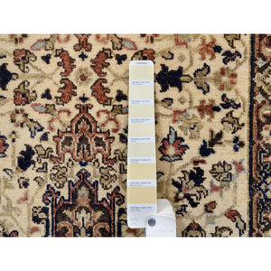 2'7"x10'3" Beige Antiqued Heriz Re-Creation with Geometric Medallions Extra Soft Wool Hand Knotted Oriental Runner Rug FWR381528