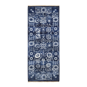 2'6"x6'1" Hand Knotted Wool and Silk Denim Blue Tone On Tone Tabriz with Soft Colors Oriental Runner Rug FWR381606
