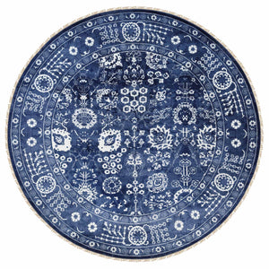 11'10"x11'10" Wool and Silk Denim Blue Tone On Tone Tabriz with All Over Motifs Hand Knotted Oriental Round Rug FWR381612