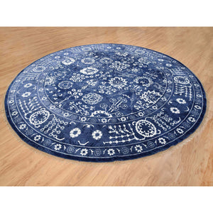11'10"x11'10" Wool and Silk Denim Blue Tone On Tone Tabriz with All Over Motifs Hand Knotted Oriental Round Rug FWR381612