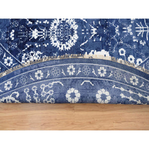 11'10"x11'10" Wool and Silk Denim Blue Tone On Tone Tabriz with All Over Motifs Hand Knotted Oriental Round Rug FWR381612