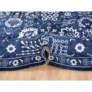 11'10"x11'10" Wool and Silk Denim Blue Tone On Tone Tabriz with All Over Motifs Hand Knotted Oriental Round Rug FWR381612