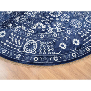 11'10"x11'10" Wool and Silk Denim Blue Tone On Tone Tabriz with All Over Motifs Hand Knotted Oriental Round Rug FWR381612
