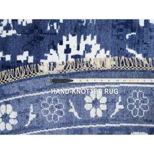 11'10"x11'10" Wool and Silk Denim Blue Tone On Tone Tabriz with All Over Motifs Hand Knotted Oriental Round Rug FWR381612