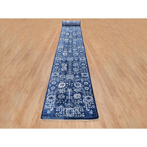2'6"x23'10" Wool and Silk Denim Blue Tone On Tone Tabriz with All Over Motifs Hand Knotted Oriental XL Runner Rug FWR381630