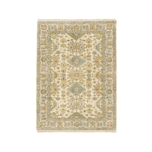 4'1"x6' Ivory, Karajeh Design, Soft and Pure Wool, Hand Knotted, Oriental Rug FWR381756