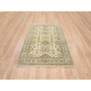 4'1"x6' Ivory, Karajeh Design, Soft and Pure Wool, Hand Knotted, Oriental Rug FWR381756