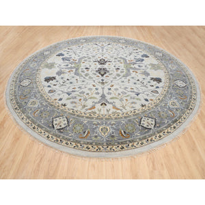13'10"x13'10" Light Gray, Denser Weave Oushak with Floral Motifs Organic Wool Oriental, Hand Knotted, Round Rug FWR381834