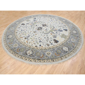 13'10"x13'10" Light Gray, Denser Weave Oushak with Floral Motifs Organic Wool Oriental, Hand Knotted, Round Rug FWR381834