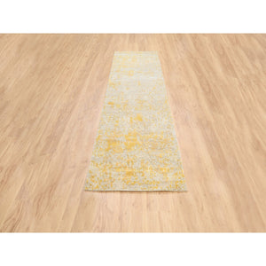 2'7"x9'9" Gold, Abstract Design, Hand Knotted, Hi-Low Pile, Wool and Silk, Runner, Oriental Rug FWR381870