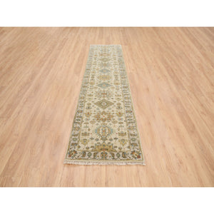 2'7"x9'9" Ivory, Karajeh Design, Soft Pure Wool, Hand Knotted, Oriental Runner Rug FWR381990