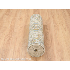 2'7"x9'9" Ivory, Karajeh Design, Soft Pure Wool, Hand Knotted, Oriental Runner Rug FWR381990