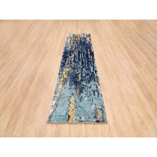 Load image into Gallery viewer, 2&#39;6&quot;x10&#39; Denim Blue with Mix of Gold, Mosaic Design, Hand Knotted, Wool and Silk, Persian Knot Runner Rug FWR381996