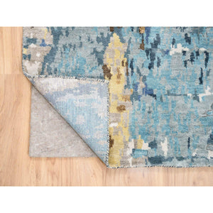 2'6"x10' Denim Blue with Mix of Gold, Mosaic Design, Hand Knotted, Wool and Silk, Persian Knot Runner Rug FWR381996