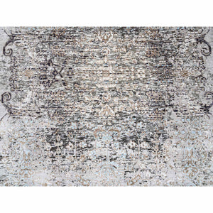 4'x12' Gray, Transitional Persian Influence Erased Medallion Design, Silk with Textured Wool, Hand Knotted, Oriental, Wide Runner, Rug FWR382392