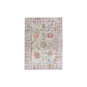 2'2"x3'1" Beige, Silk With Textured Wool, Hand Knotted, Directional Vase Design, Oriental, Mat Rug FWR382446