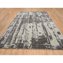 Load image into Gallery viewer, 9&#39;x12&#39; Charcoal Black, Tone On Tone, Modern Design, Jacquard Hand Loomed, Wool and Plant Based Silk, Oriental Rug FWR382488