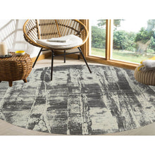 Load image into Gallery viewer, 10&#39;x10&#39; Charcoal Black, Tone On Tone, Modern Design, Jacquard Hand Loomed, Wool And Plant Based Silk, Oriental Round Rug FWR382494
