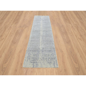 2'6"x10' Gray, Wool And Plant Based Silk, Tone On Tone Transitional Erased Design, Jacquard Hand Loomed, Oriental, Runner Rug FWR382536