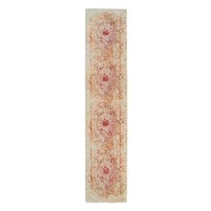 2'6"x11'10" Pink, Persian Erased Medallion Design, Wool and Pure Silk, Hand Knotted, Oriental, Runner Rug FWR382560