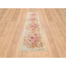 Load image into Gallery viewer, 2&#39;6&quot;x11&#39;10&quot; Pink, Persian Erased Medallion Design, Wool and Pure Silk, Hand Knotted, Oriental, Runner Rug FWR382560