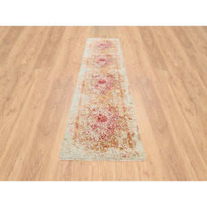 2'6"x11'10" Pink, Persian Erased Medallion Design, Wool and Pure Silk, Hand Knotted, Oriental, Runner Rug FWR382560