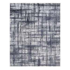 7'10"x10' Charcoal Black, Hand Loomed, Modern Erased Lines Design, Wool and Plant Based Silk, Oriental Rug FWR382728