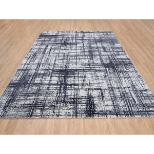 7'10"x10' Charcoal Black, Hand Loomed, Modern Erased Lines Design, Wool and Plant Based Silk, Oriental Rug FWR382728