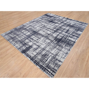7'10"x10' Charcoal Black, Hand Loomed, Modern Erased Lines Design, Wool and Plant Based Silk, Oriental Rug FWR382728