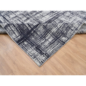7'10"x10' Charcoal Black, Hand Loomed, Modern Erased Lines Design, Wool and Plant Based Silk, Oriental Rug FWR382728
