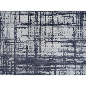 7'10"x10' Charcoal Black, Hand Loomed, Modern Erased Lines Design, Wool and Plant Based Silk, Oriental Rug FWR382728