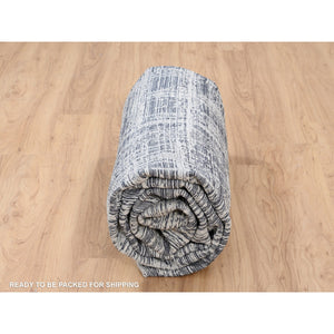 7'10"x10' Charcoal Black, Hand Loomed, Modern Erased Lines Design, Wool and Plant Based Silk, Oriental Rug FWR382728