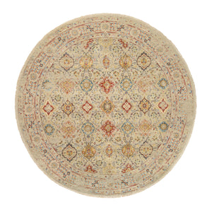 8'9"x8'9" Beige, THE SUNSET ROSETTES, Wool and Pure Silk, Hand Knotted, Oriental, Round Rug FWR382752