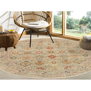 8'9"x8'9" Beige, THE SUNSET ROSETTES, Wool and Pure Silk, Hand Knotted, Oriental, Round Rug FWR382752