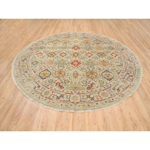 8'9"x8'9" Beige, THE SUNSET ROSETTES, Wool and Pure Silk, Hand Knotted, Oriental, Round Rug FWR382752