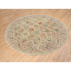 8'9"x8'9" Beige, THE SUNSET ROSETTES, Wool and Pure Silk, Hand Knotted, Oriental, Round Rug FWR382752