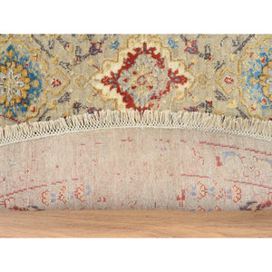 8'9"x8'9" Beige, THE SUNSET ROSETTES, Wool and Pure Silk, Hand Knotted, Oriental, Round Rug FWR382752