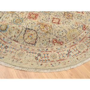 8'9"x8'9" Beige, THE SUNSET ROSETTES, Wool and Pure Silk, Hand Knotted, Oriental, Round Rug FWR382752