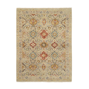 5'2"x7' Beige, Hand Knotted, THE SUNSET ROSETTES with Soft Colors, Wool and Pure Silk, Oriental Rug FWR382776