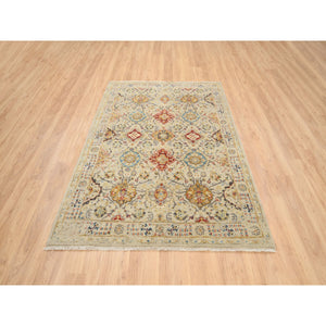 5'2"x7' Beige, Hand Knotted, THE SUNSET ROSETTES with Soft Colors, Wool and Pure Silk, Oriental Rug FWR382776