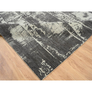 12'x15' Charcoal Black, Tone On Tone, Modern Design, Jacquard Hand Loomed, Wool and Plant Based Silk, Oriental, Oversized, Rug FWR382818