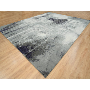 12'1"x15' Black with Touches of Ivory, Hand Knotted, Abstract Design, Wool and Silk, Oriental, Oversized, Rug FWR382854