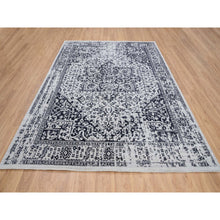 Load image into Gallery viewer, 8&#39;x10&#39; Charcoal Black, Wool and Plant Based Silk, Erased Serapi Heriz Design, Jacquard Hand Loomed, Oriental Rug FWR382860