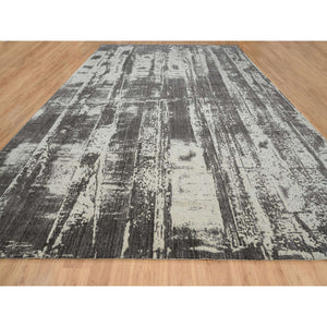 12'x18'1" Charcoal Black, Modern Design, Jacquard Hand Loomed, Wool and Plant Based Silk, Tone On Tone, Oriental, Oversized Rug FWR382926