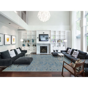11'10"x18' Gray, Fine Jacquard Hand Loomed, Sickle Leaf Design, Wool and Plant Based Silk, Oriental, Oversized Rug FWR382938