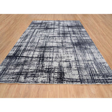 Load image into Gallery viewer, 9&#39;x11&#39;10&quot; Charcoal Black, Modern Erased Lines Design, Wool and Plant Based Silk, Hand Loomed, Oriental Rug FWR382956